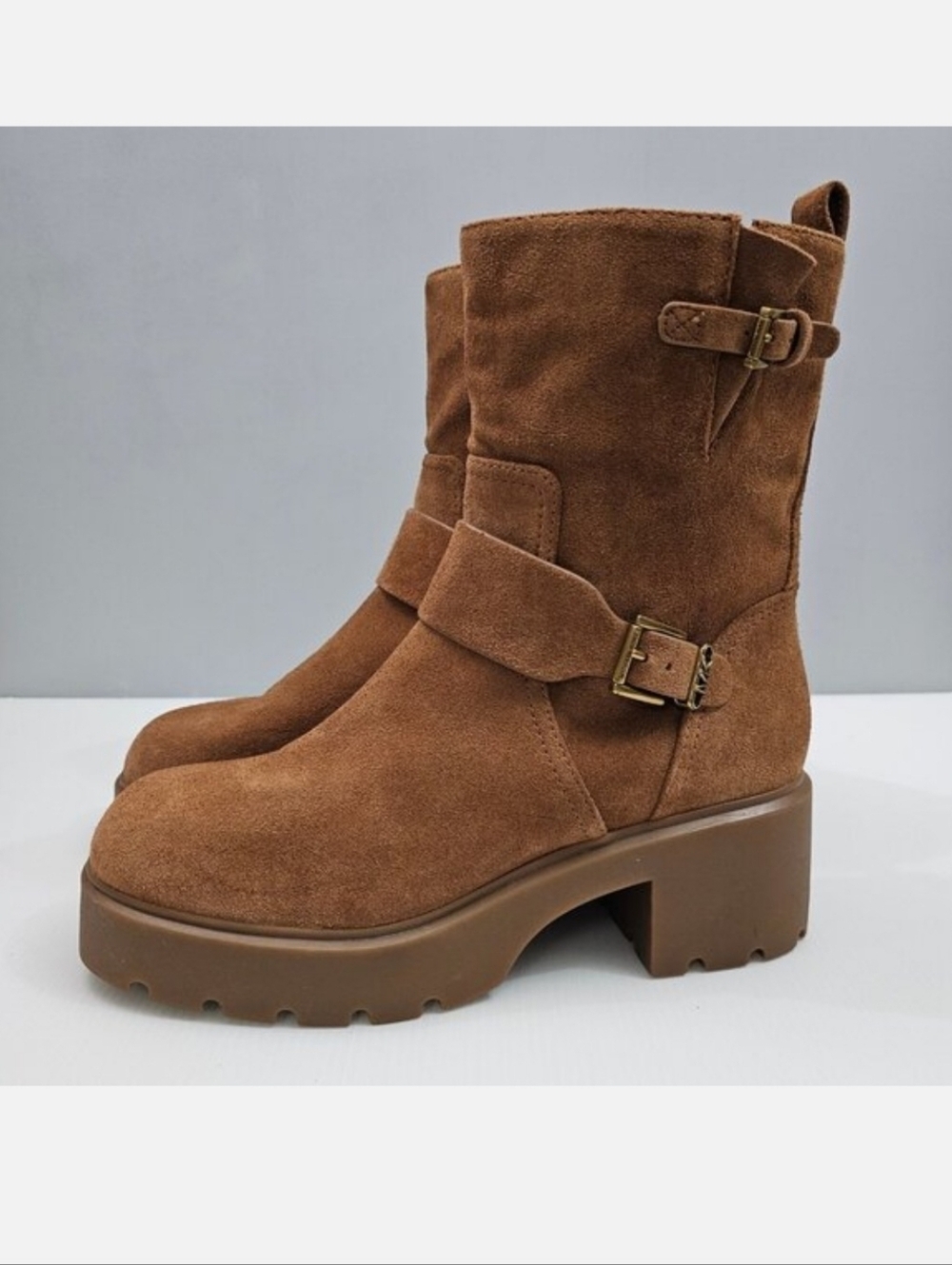 Michael Michael Kors Perry Moto Boot Womens 10 Brown Suede Combat Lug Sole